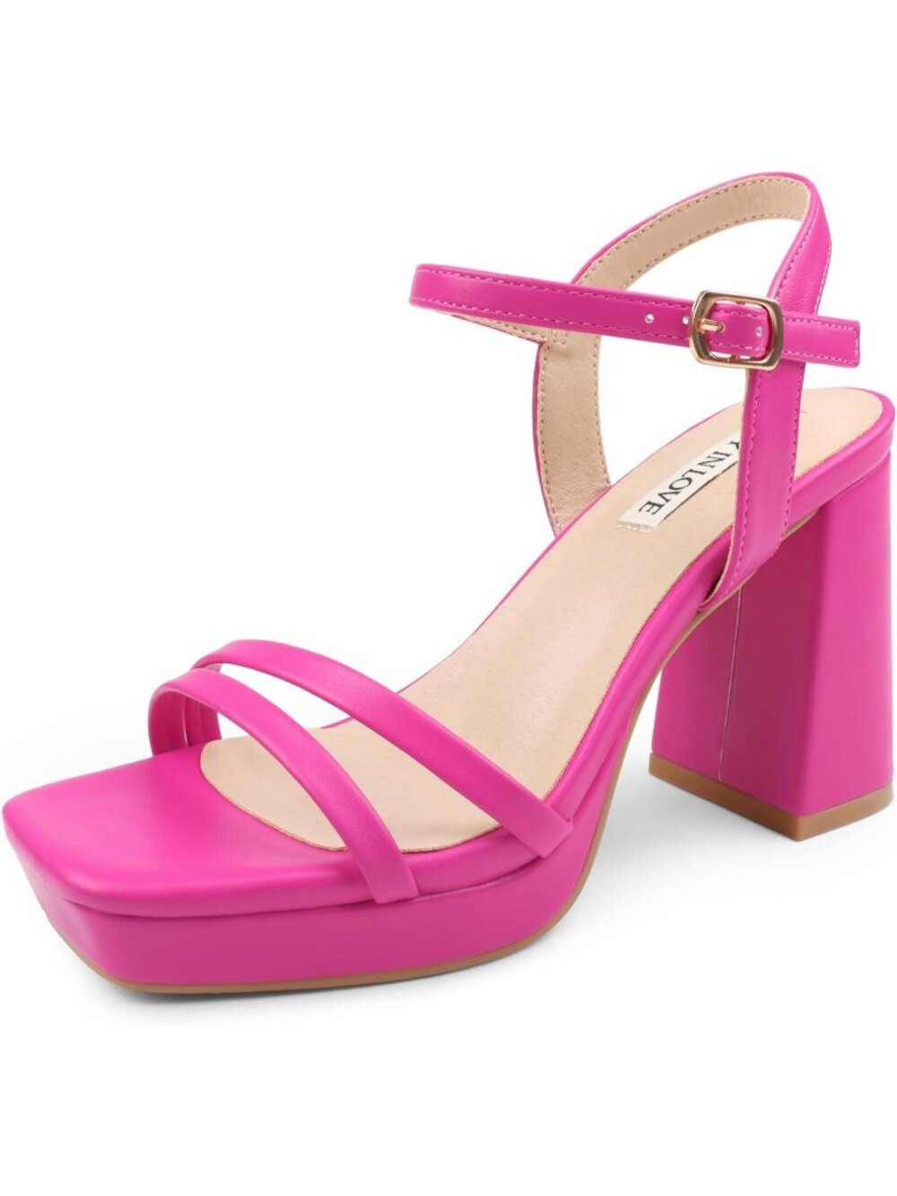 Women's Pink Matte Ankle Strap Square Open Toe  Chunky Block Heels Dress Sandals